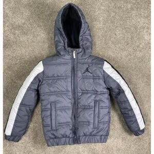 Boys Air Jordan Hooded Puffer Coat  IJacket Grey, Black and White Size Small